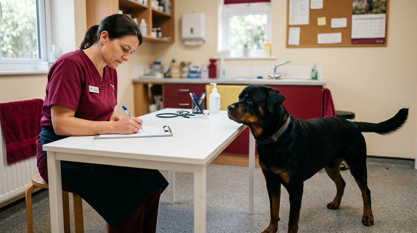 Eine Tierärztin schreibt an einem Tisch in der Praxis auf ein Formular, daneben steht ein Rottweiler mit langer, vollständiger Rute.